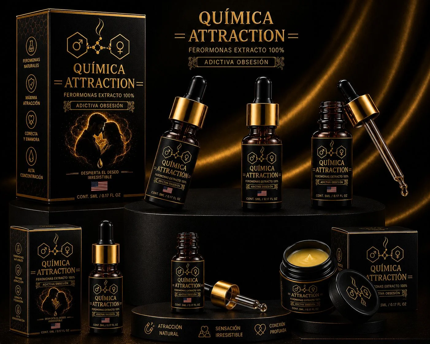 Línea de productos Química Attraction: frascos y estuches premium