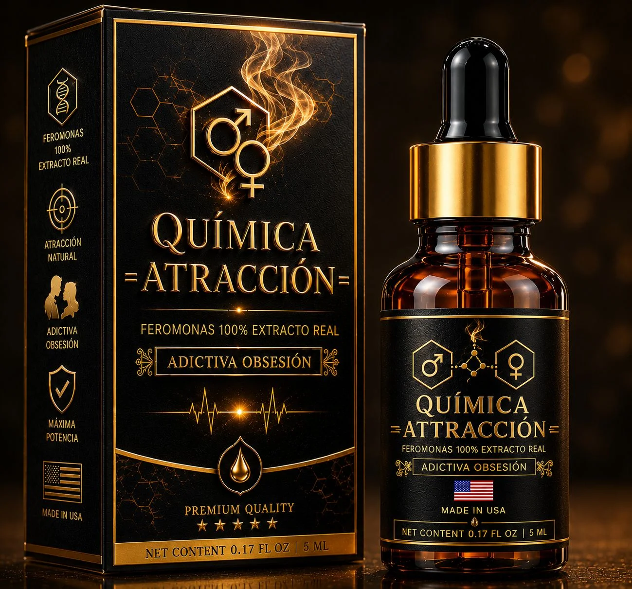 Estuche y frasco gotero de Química Attraction, perfume de feromonas premium de 5 ml